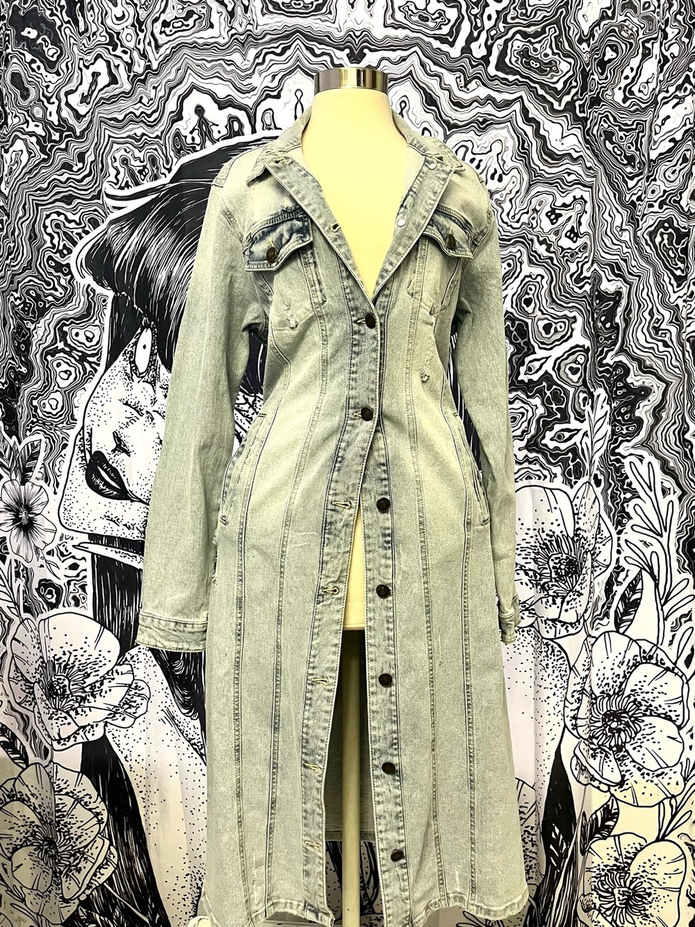Light Wash Denim Button-Front Longline Women’s Overalls Dress